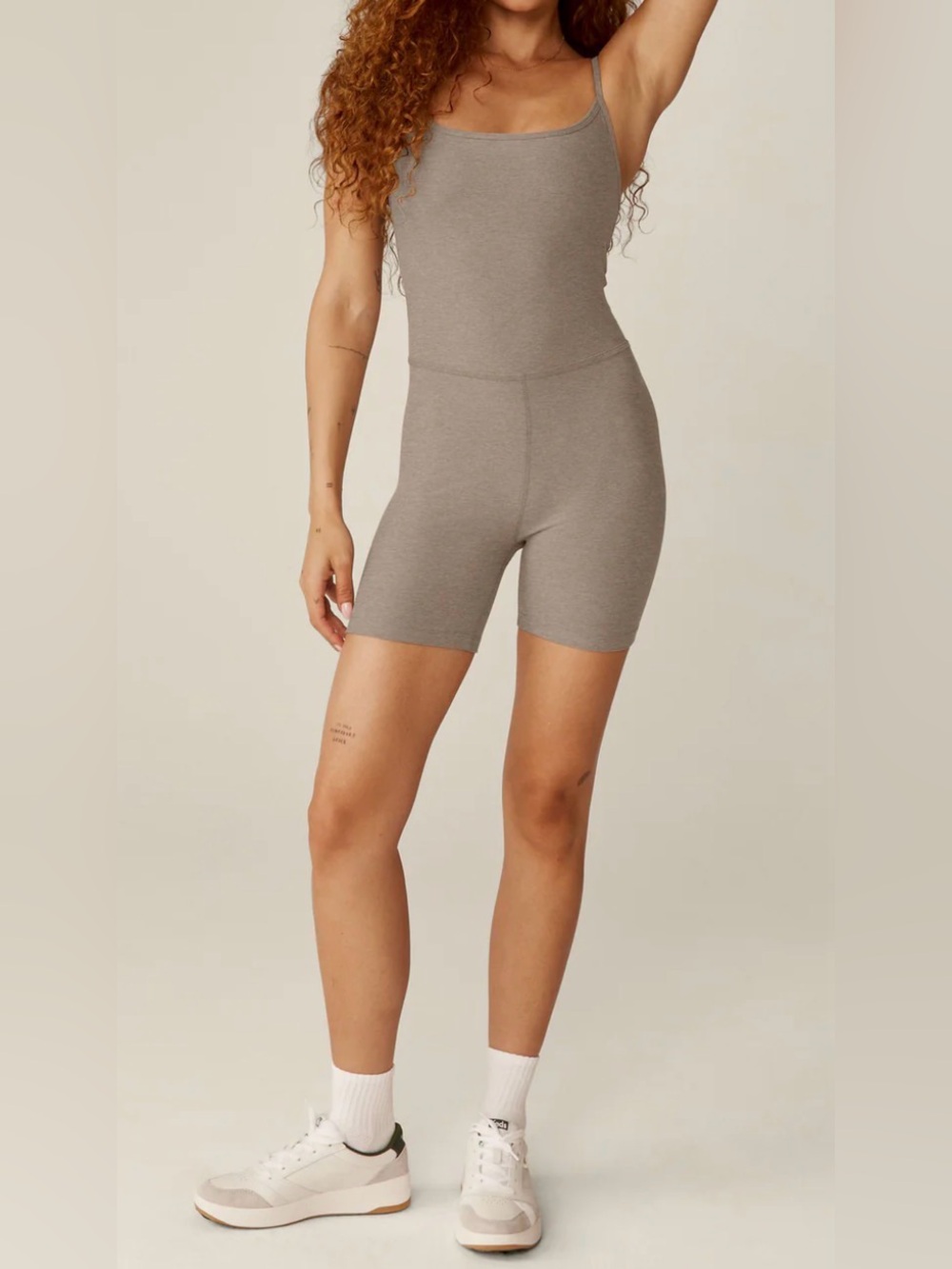 Sz Sm Beyond Yoga biker jumpsuit spacedye fabric neutral birch heather color